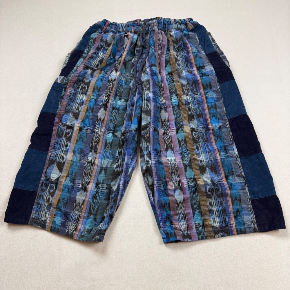 Ixchel Mens Blue Ikat Patchwork Corduroy Shorts Guatemala Cotton Large